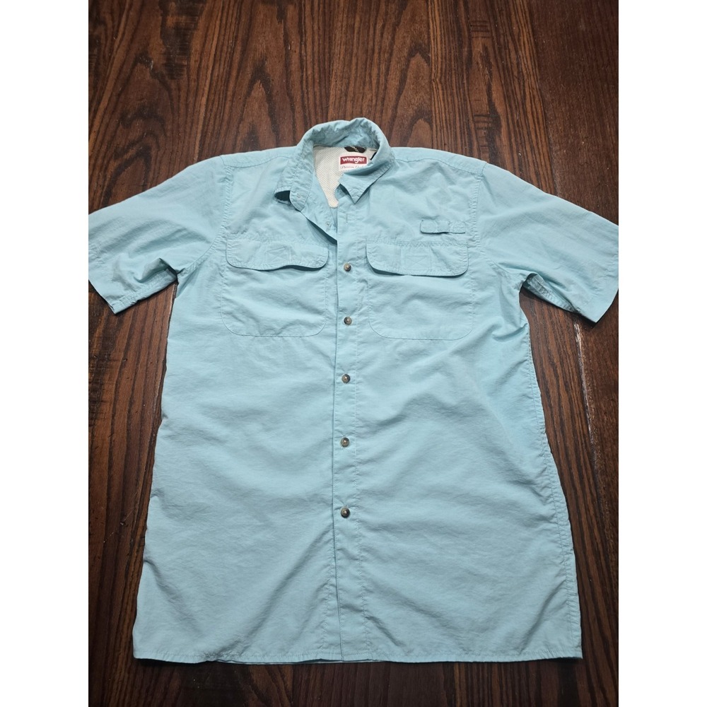 Wrangler Mens‎ Fishing Shirt Light Blue Short Sleeve Nylon Mesh Lined NSB1FWG S